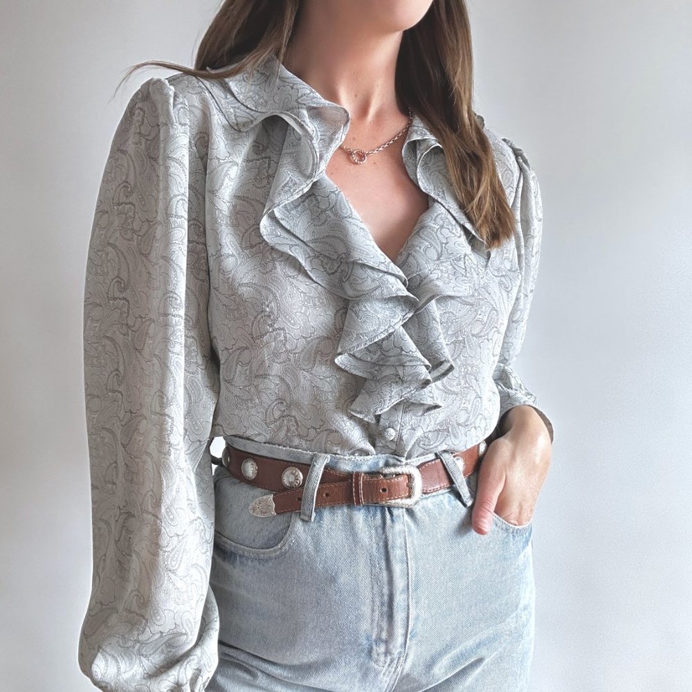 Vintage Grey Paisley Ruffle Blouse